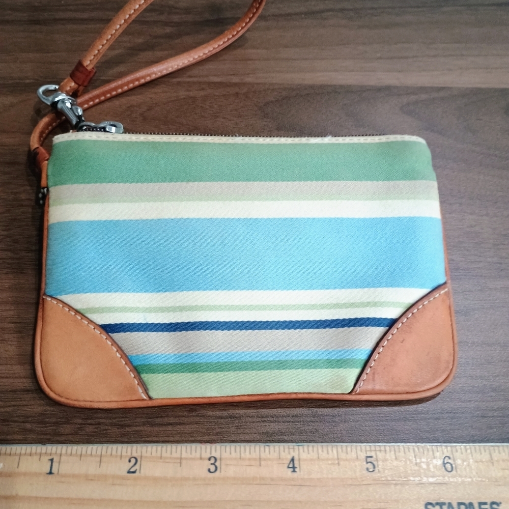 Coach Striped Leather Wristlet - Green and Tan - Picture 2 of 8